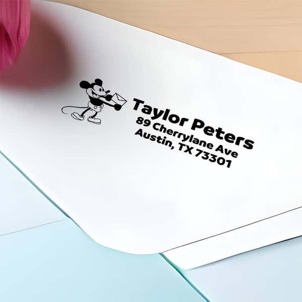 Steamboat Willie Custom Address Stamp closeup on Light Blue Envelope