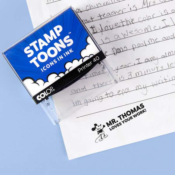 Steamboat Willie Custom Teacher Stamp Impression on Student Paper Next to Stamp Body
