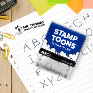 Steamboat Willie Custom Teacher Stamp Impression on School Paper Next to Stamp Body