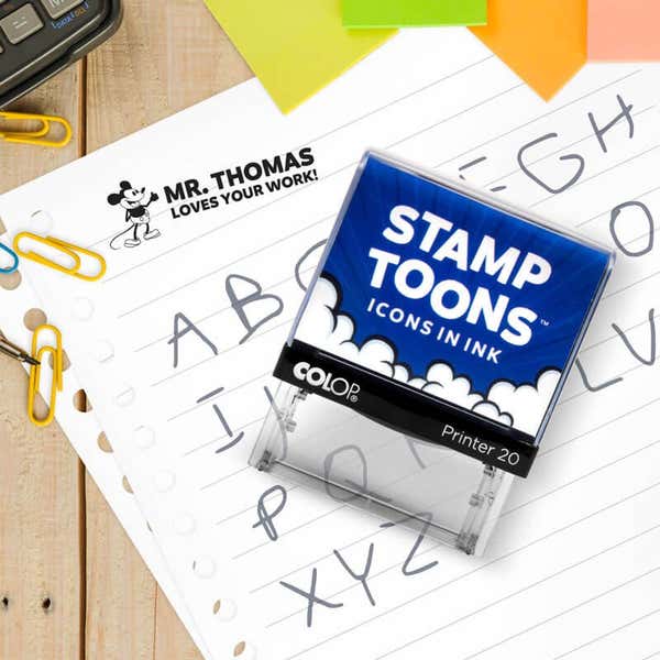 Steamboat Willie Custom Teacher Stamp Impression on School Paper Next to Stamp Body