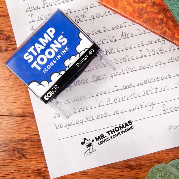 Steamboat Willie Custom Teacher Stamp Impression on Assignment Paper Next to Stamp Body