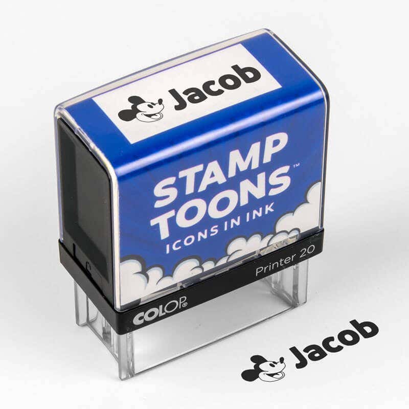Overhead Shot of Steamboat Willie Custom Clothing Stamp Impression Next to Stamp Body