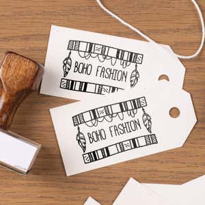 Logo stamp imprint on gift tags with boho fashion design