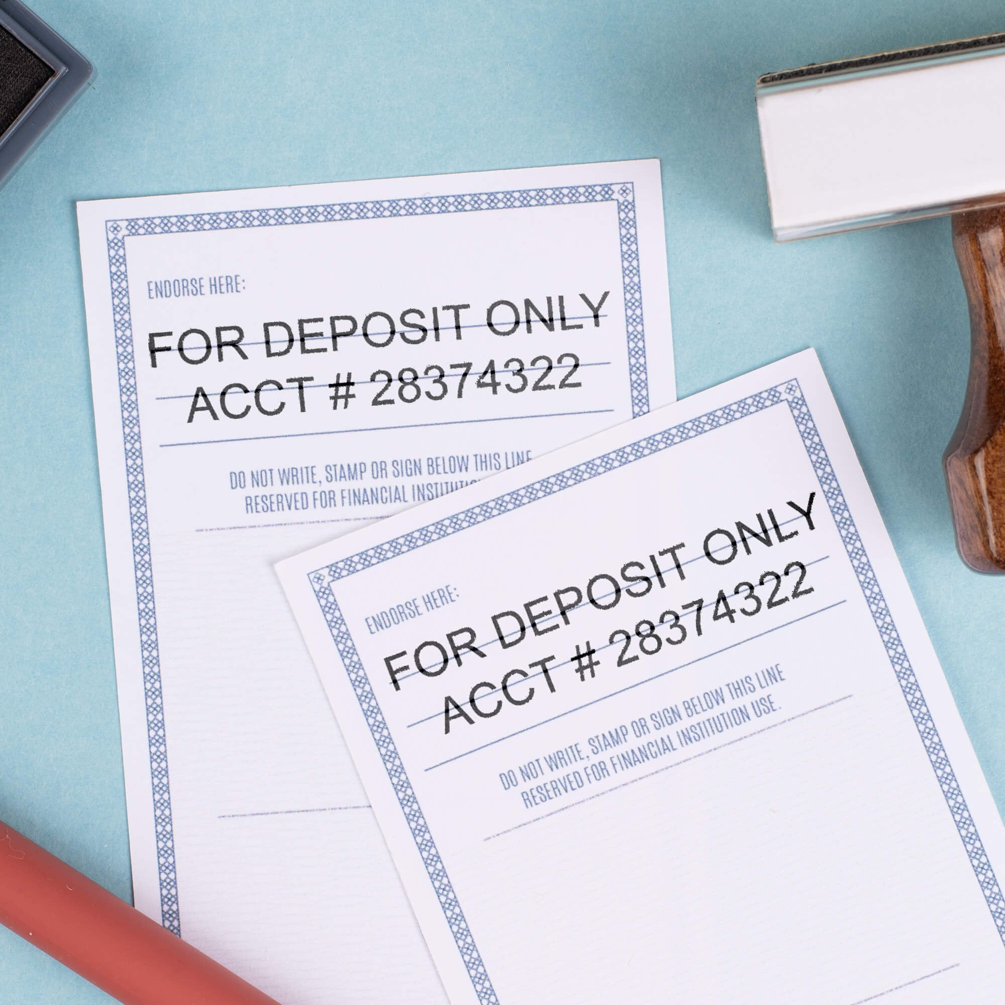 Stamp impression in black in on a check Stamp impression in black in on a check