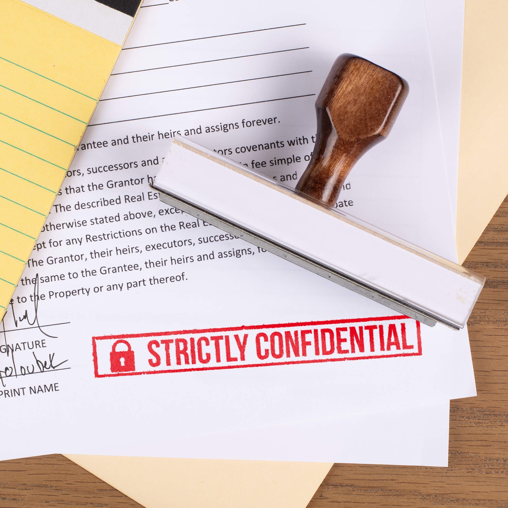 1/2" x 4" wood handle confidential stamp on business document