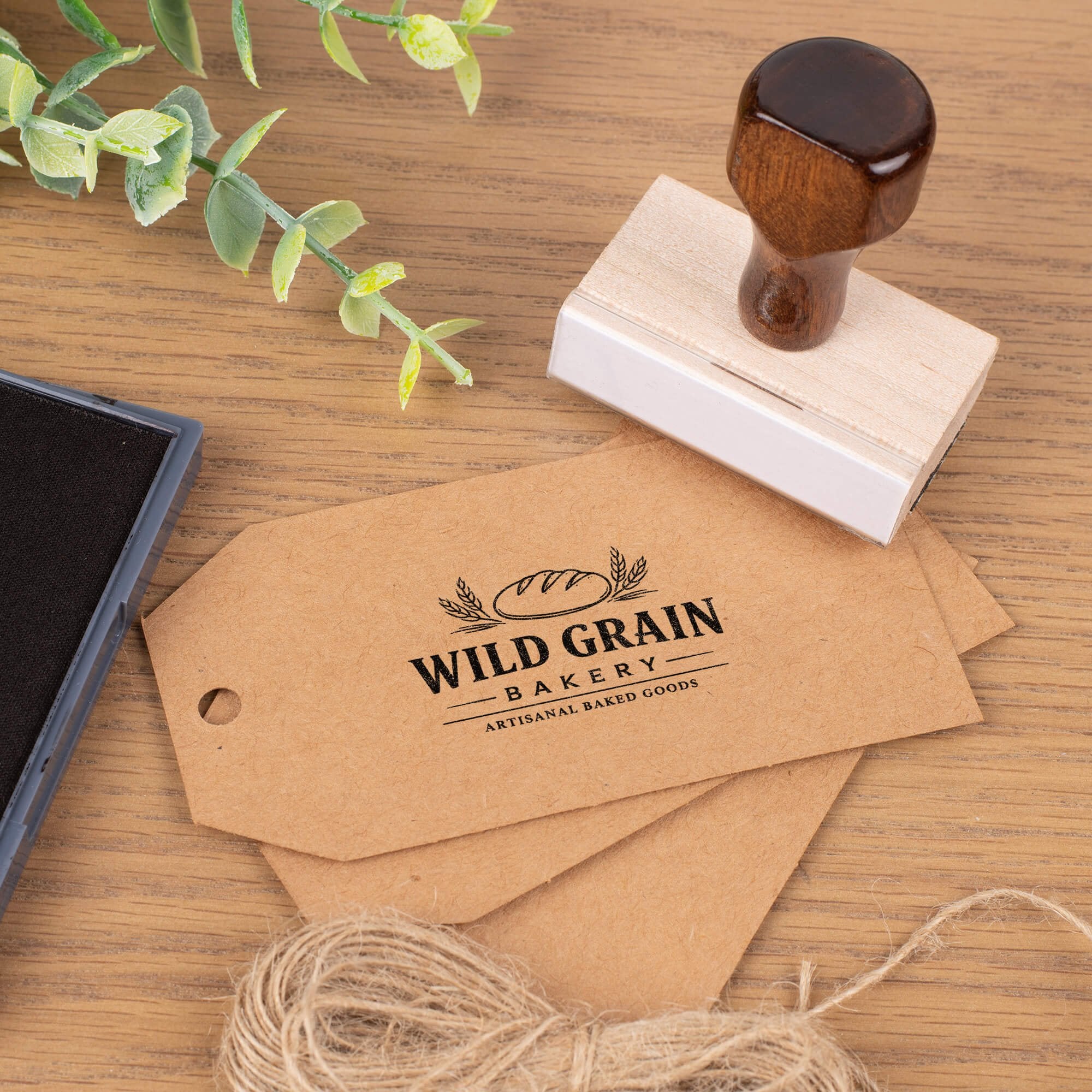 Custom wood handle stamp on a product tag Custom wood handle stamp on a product tag