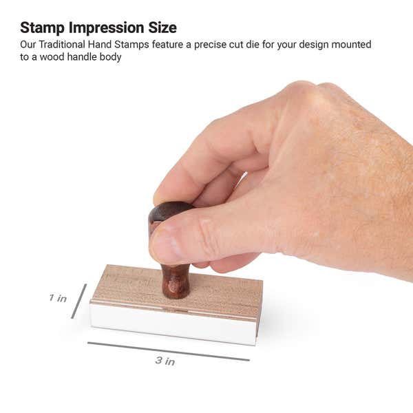 1" x 3" custom wood handle stamp showing stamp impression size infographic