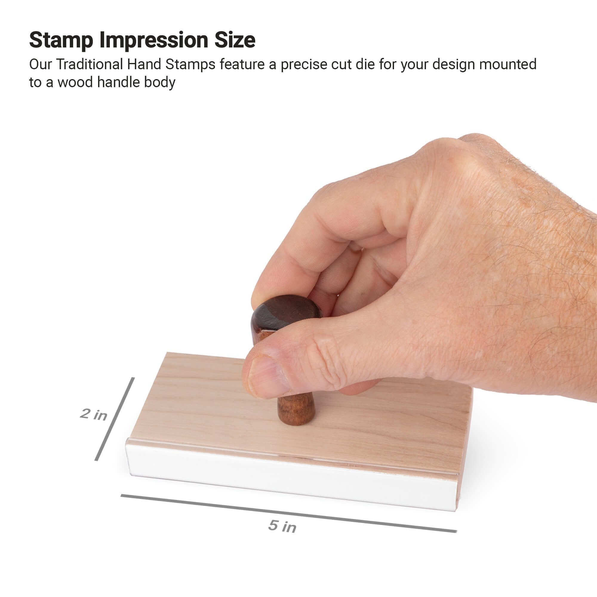 2" x 5" wood handle stamp showing impression size dimensions