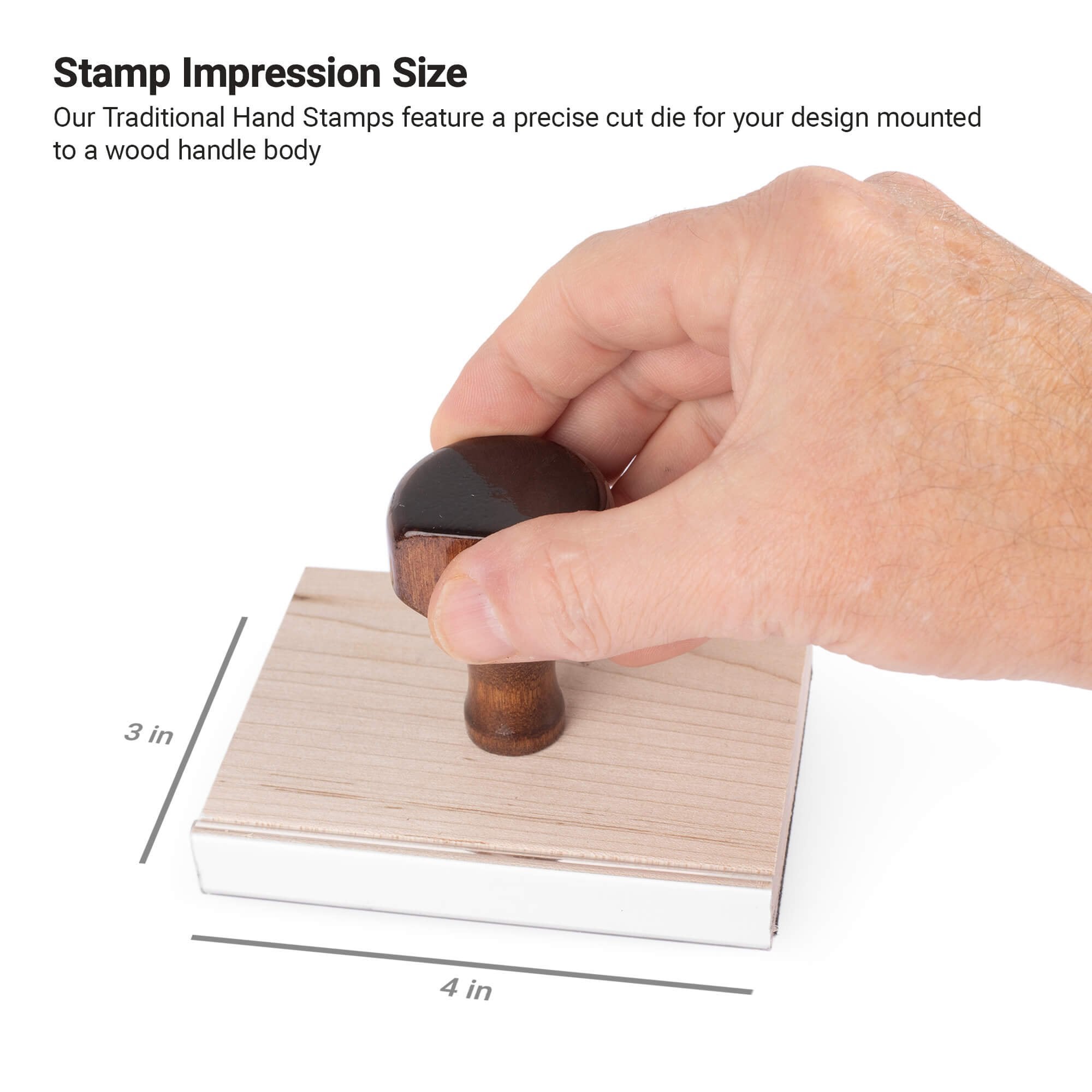 Size of the 3 inch by 4 inch wooden rubber stamp Size of the 3 inch by 4 inch wooden rubber stamp