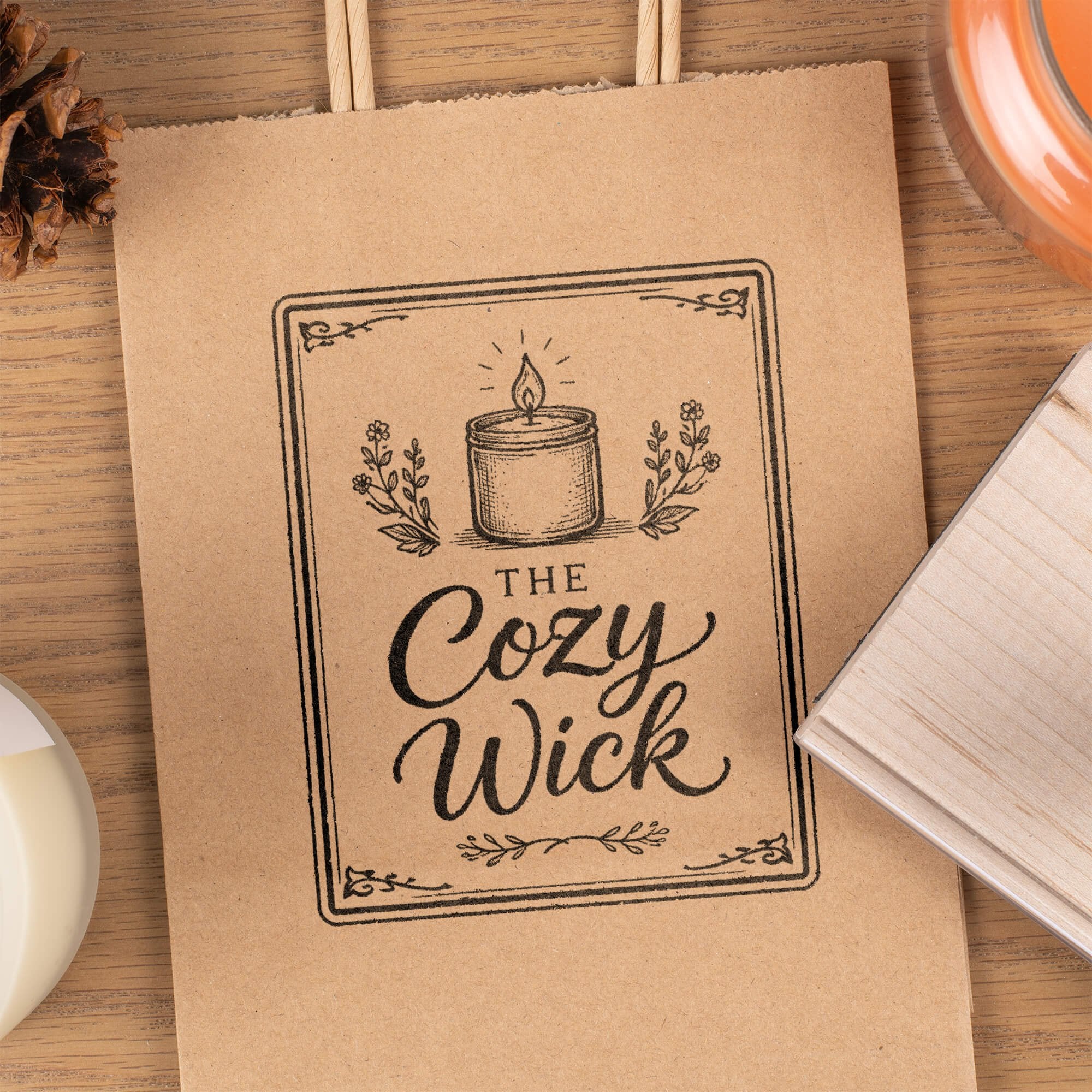 Example of a 4 inch by 3 inch wood handle stamp impression on a bag Example of a 4 inch by 3 inch wood handle stamp impression on a bag