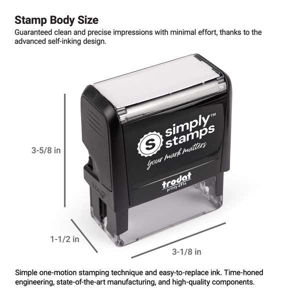 Self-inking stamp body dimensions infographic showing height, width, and depth measurements for Trodat Printy model.