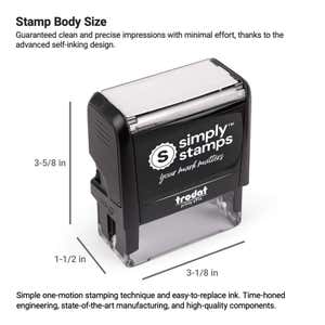 Self-inking stamp body dimensions infographic showing height, width, and depth measurements for Trodat Printy model.