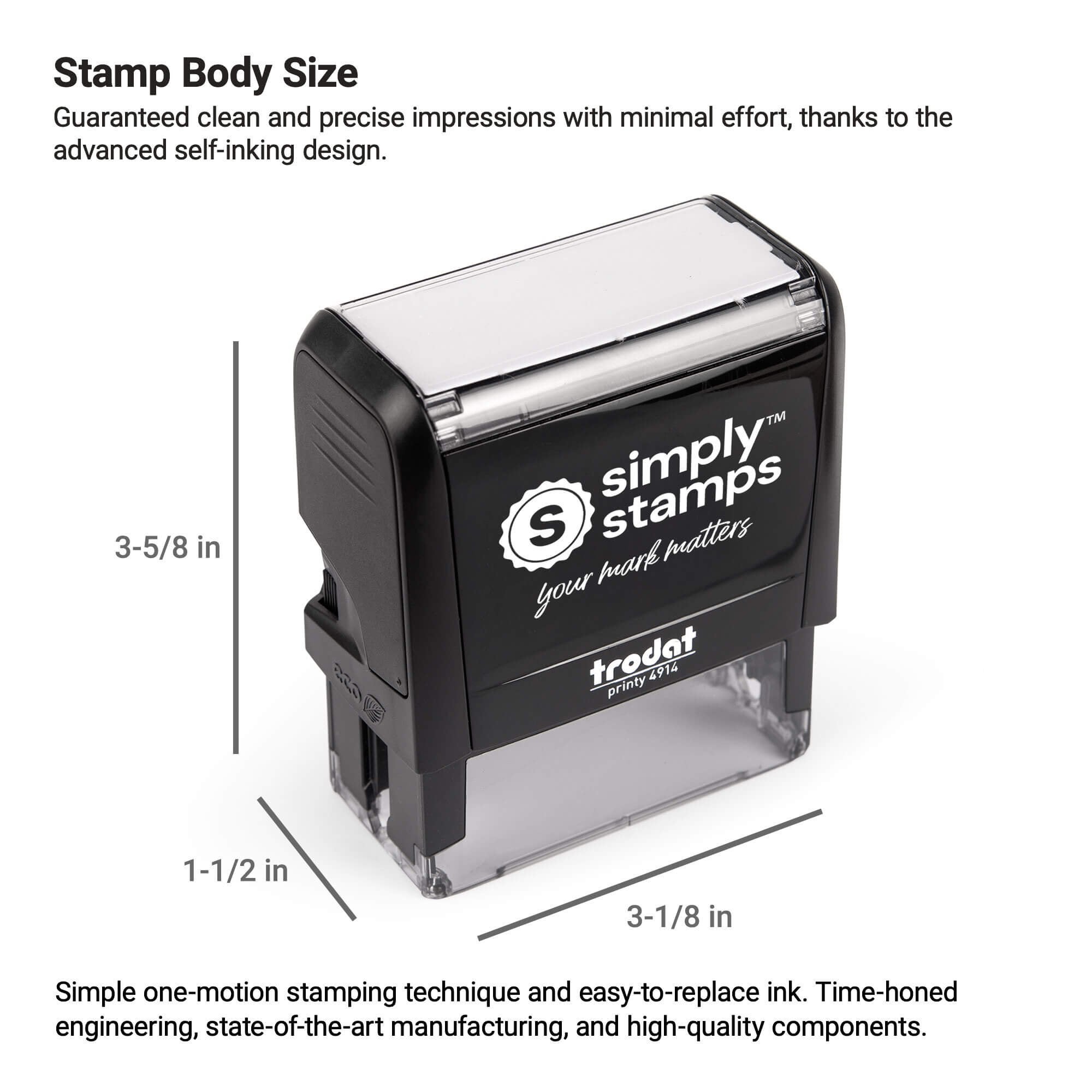 Self-inking stamp body dimensions infographic showing height, width, and depth measurements for Trodat Printy model.