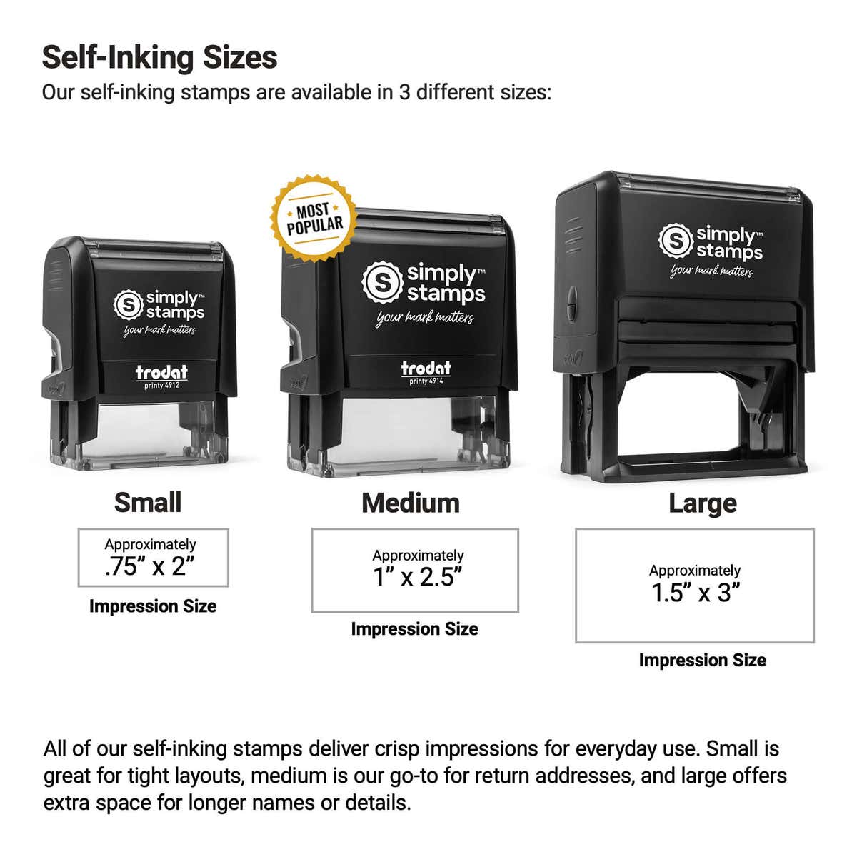 Comparison of small, medium, and large self-inking stamp sizes showing impression dimensions and recommended uses.