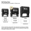 Comparison of small, medium, and large self-inking stamp sizes showing impression dimensions and recommended uses.