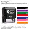 Simply Stamps self-inking stamp color options infographic displaying black, purple, green, red, blue, pink, and orange inks.