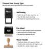 Infographic comparing self-inking, pre-inked, and wood-handle stamps with key features and benefits.
