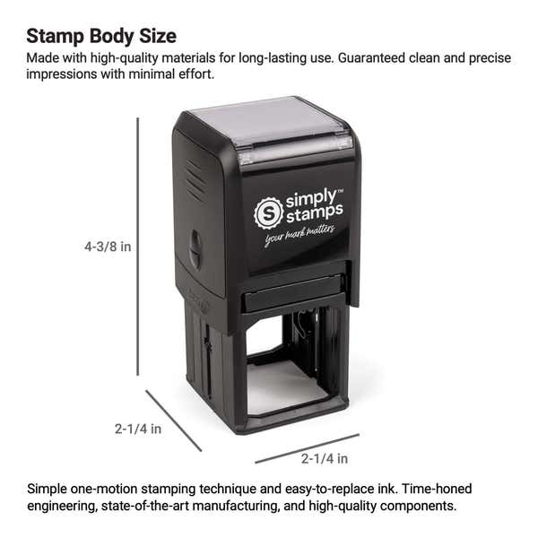 Diagram showing dimensions and build quality of Simply Stamps self-inking stamp body for clean impressions.