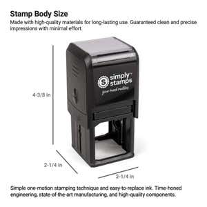 Diagram showing dimensions and build quality of Simply Stamps self-inking stamp body for clean impressions.