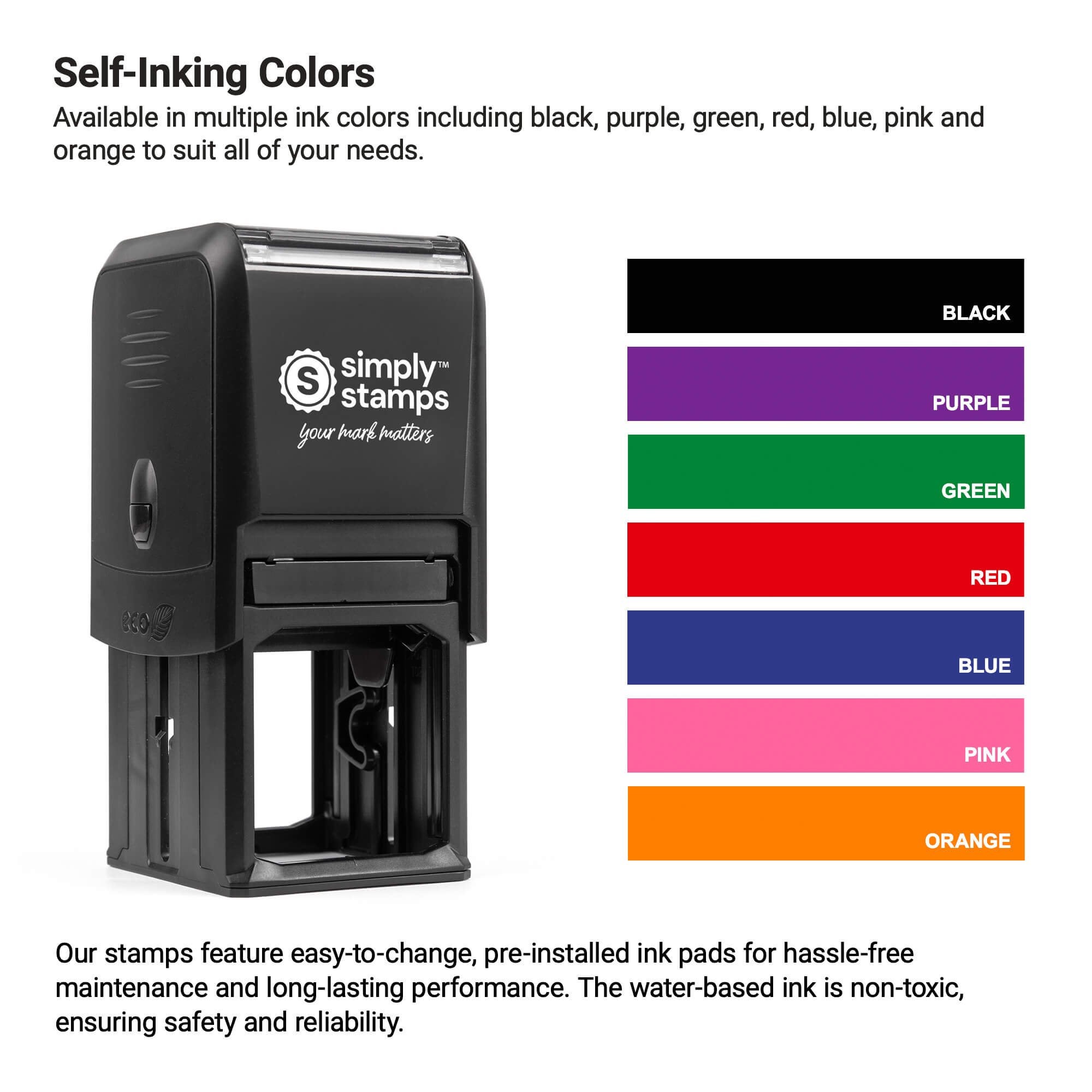 Infographic displaying self-inking stamp colors including black, red, blue, green, purple, pink, and orange.