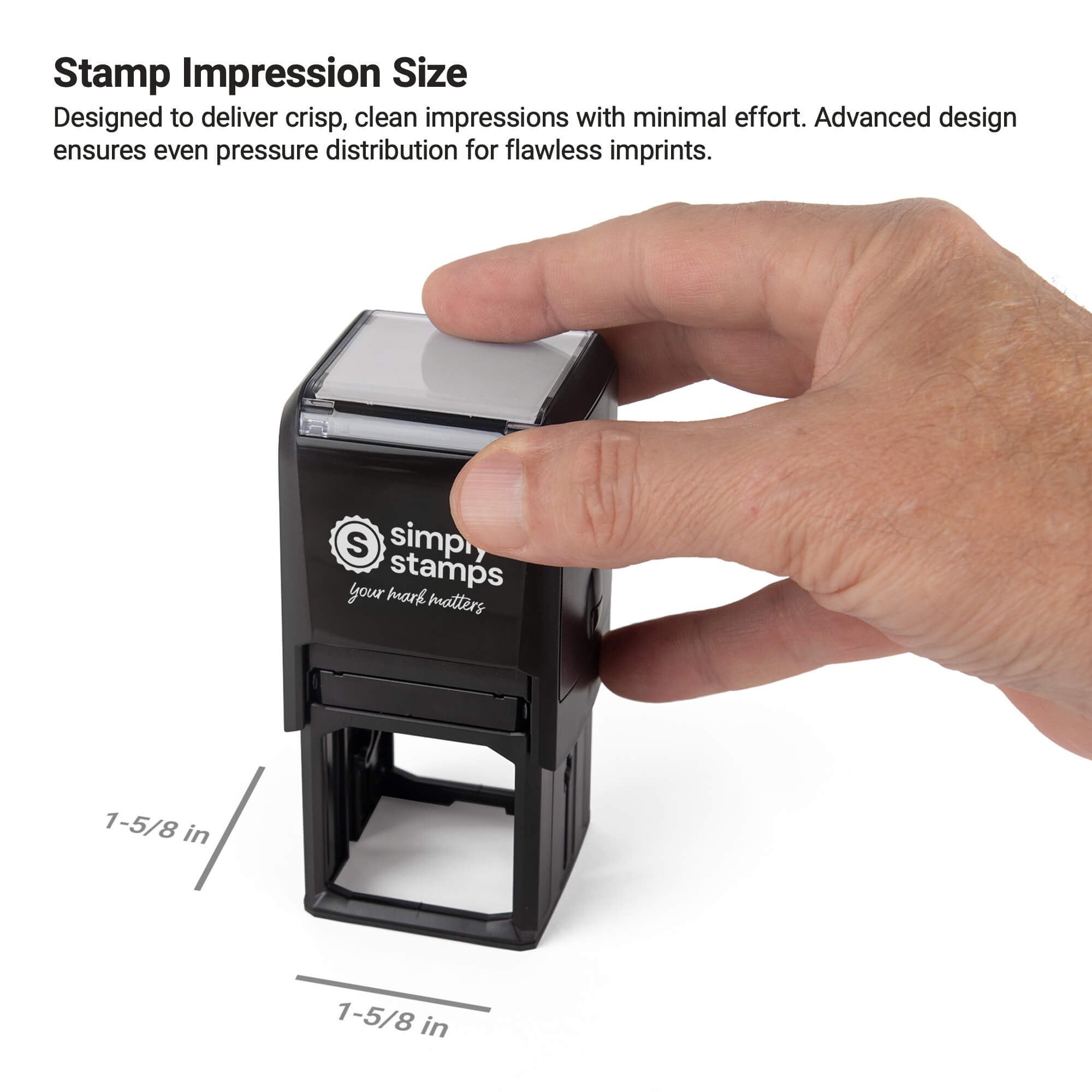 Image showing hand pressing self-inking stamp with labeled 1-5/8 inch impression dimensions.