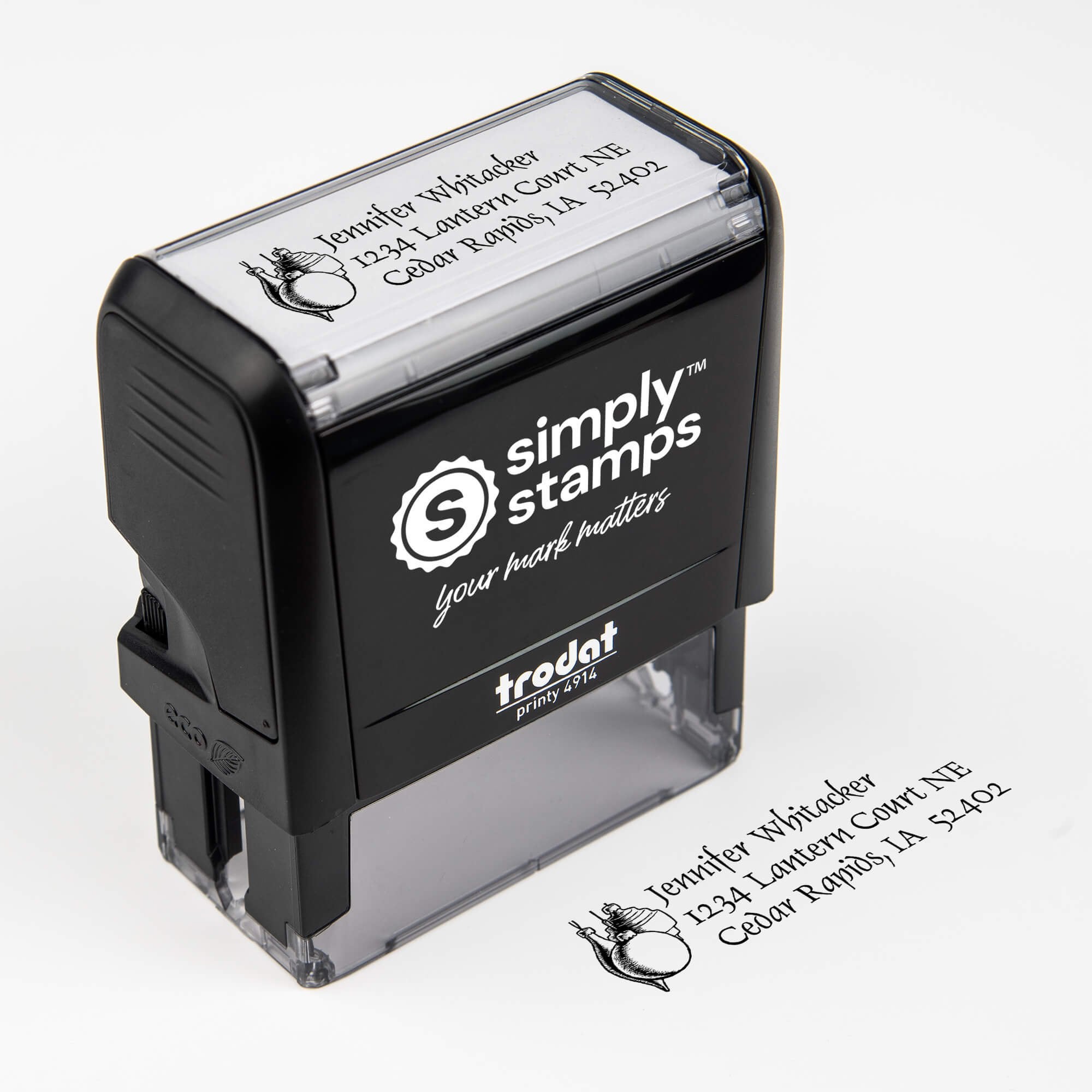 Top angle view of self-inking holiday stamp with ‘Hanging Ornaments’ address design.