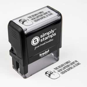 Top angle view of self-inking holiday stamp with circular ‘Sketch Snowman’ address design.