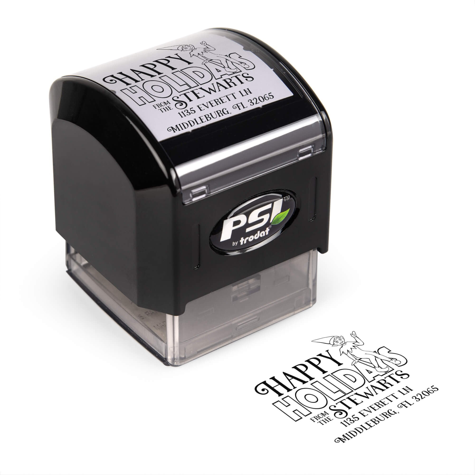 Pre-inked stamp shown from above featuring custom ‘Cartoon Elf’  holiday return address design.