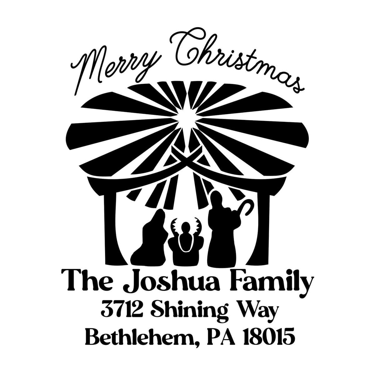 Holiday address stamp design featuring ‘Nativity Scene’ with personalized family name and address.