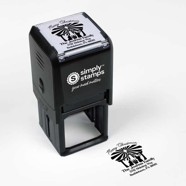 Top angle view of self-inking holiday stamp with ‘Nativity Scene’ address design.