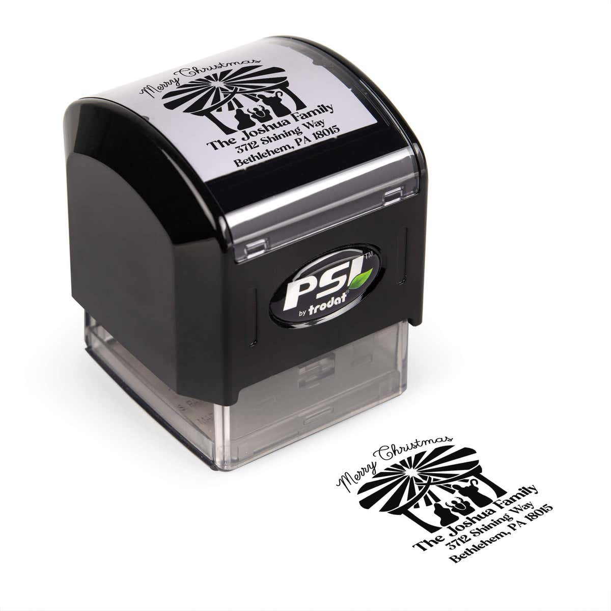 Pre-inked stamp shown from above featuring custom ‘Nativity Scene’  holiday return address design.