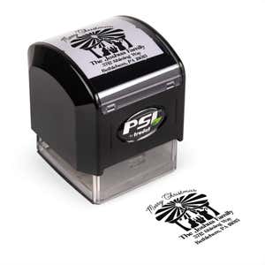 Pre-inked stamp shown from above featuring custom ‘Nativity Scene’  holiday return address design.