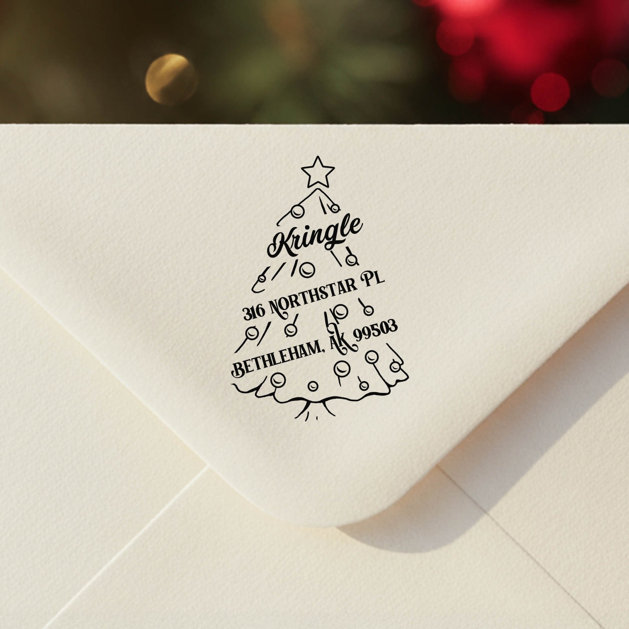 Personalized ‘Cartoon Christmas Tree’ address stamp impression on envelope flap for holiday cards.