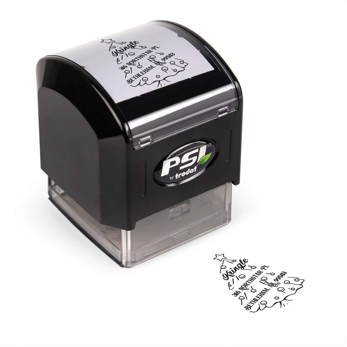 Pre-inked stamp shown from above featuring custom ‘Cartoon Christmas Tree’  holiday return address design.