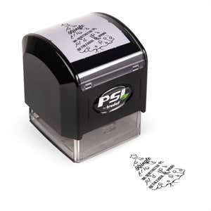 Pre-inked stamp shown from above featuring custom ‘Cartoon Christmas Tree’  holiday return address design.