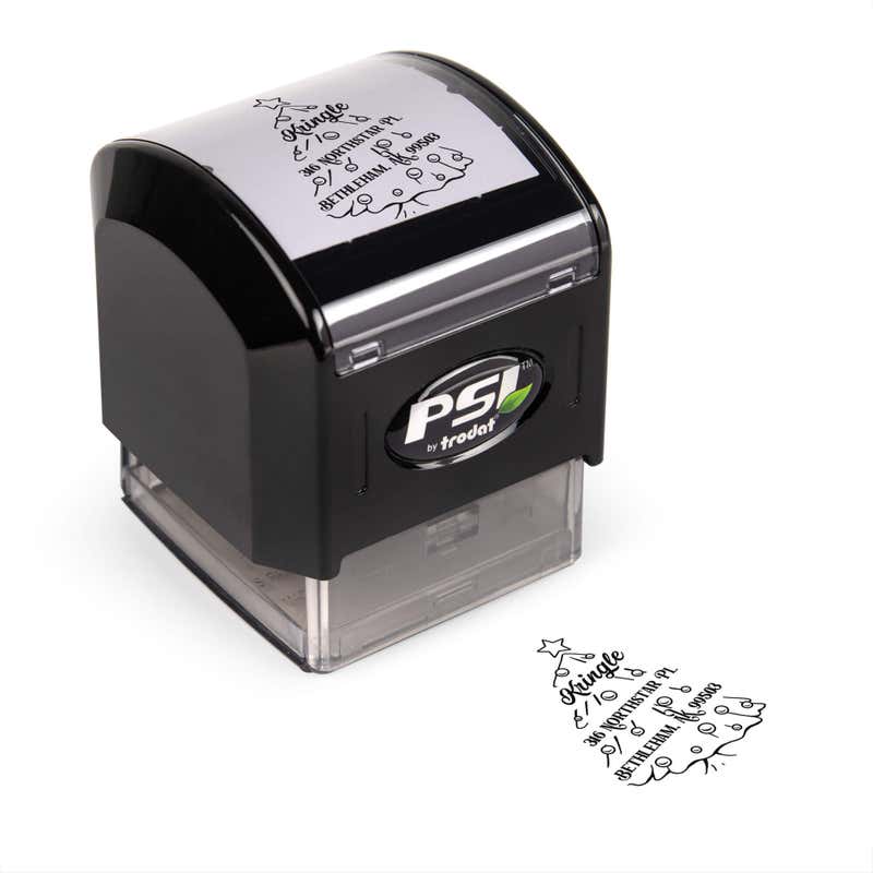 Pre-inked stamp shown from above featuring custom ‘Cartoon Christmas Tree’  holiday return address design.