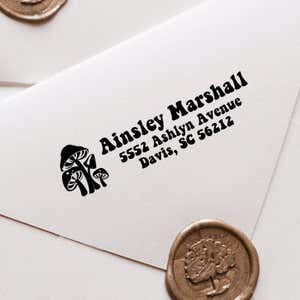 Mushroom Return address stamp with a cute wax seal on an envelope. 