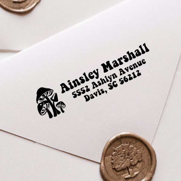 Mushroom Return address stamp with a cute wax seal on an envelope. 