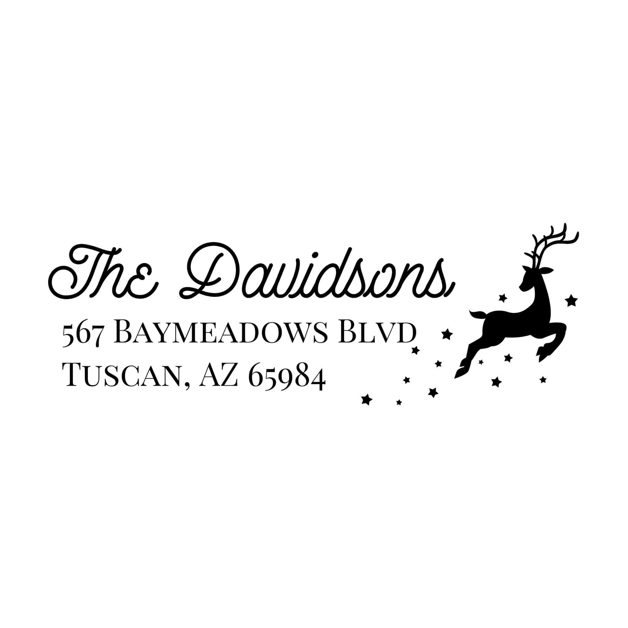 Holiday address stamp design featuring ‘Reindeer With Stars’ with personalized family name and address.