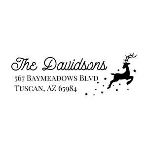 Holiday address stamp design featuring ‘Reindeer With Stars’ with personalized family name and address.