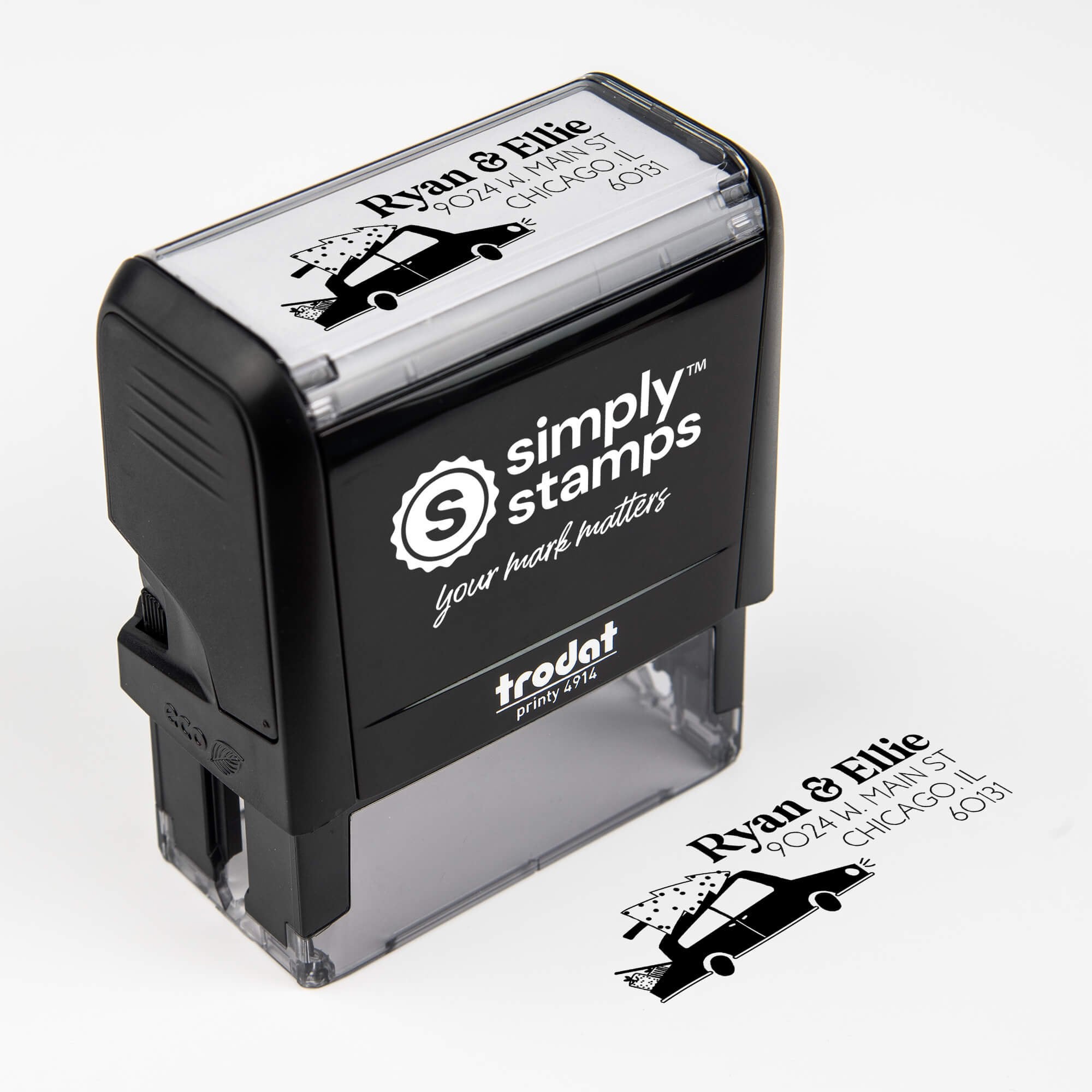 Top angle view of self-inking holiday stamp with ‘Christmas Car’ address design.