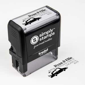 Top angle view of self-inking holiday stamp with ‘Christmas Car’ address design.