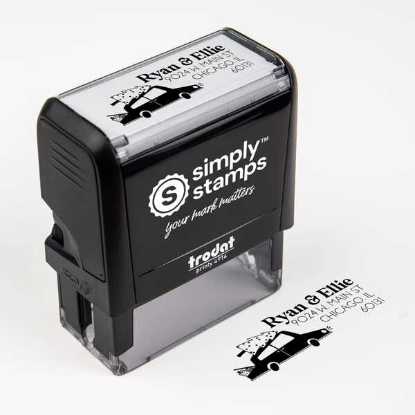 Top angle view of self-inking holiday stamp with ‘Christmas Car’ address design.