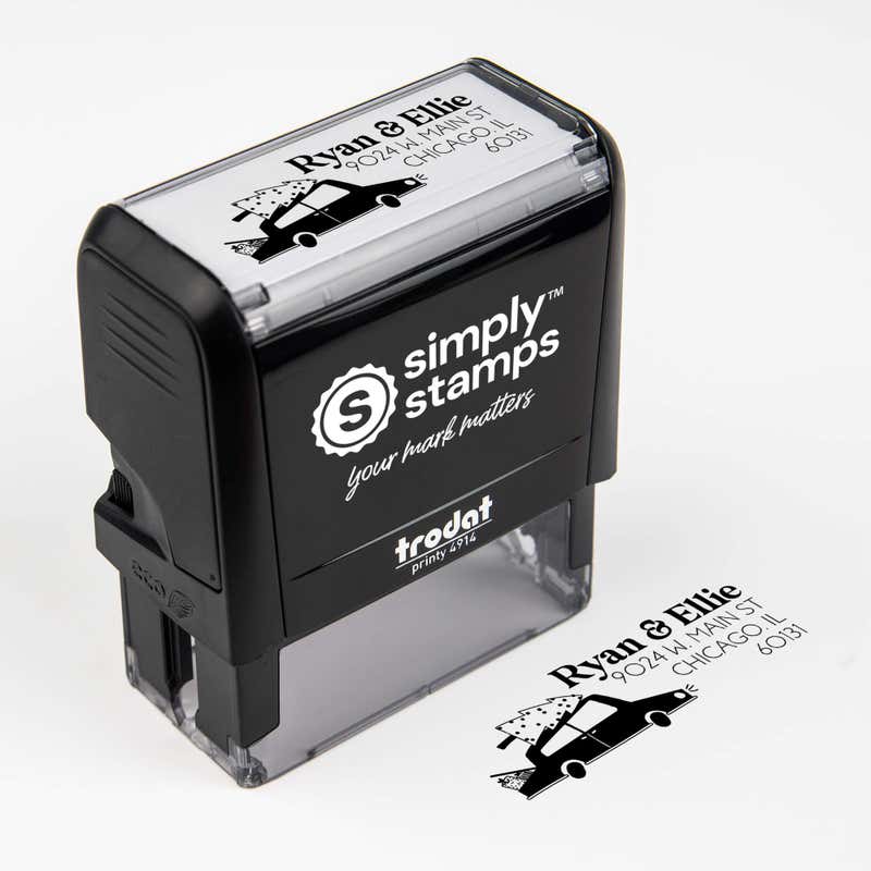 Top angle view of self-inking holiday stamp with ‘Christmas Car’ address design.