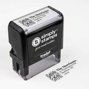 Top angle view of self-inking holiday stamp with ‘Holly Jolly Script’ address design.
