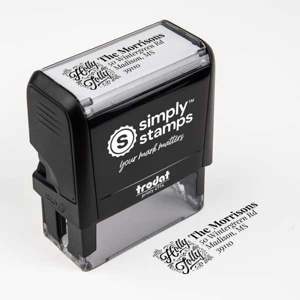 Top angle view of self-inking holiday stamp with ‘Holly Jolly Script’ address design.