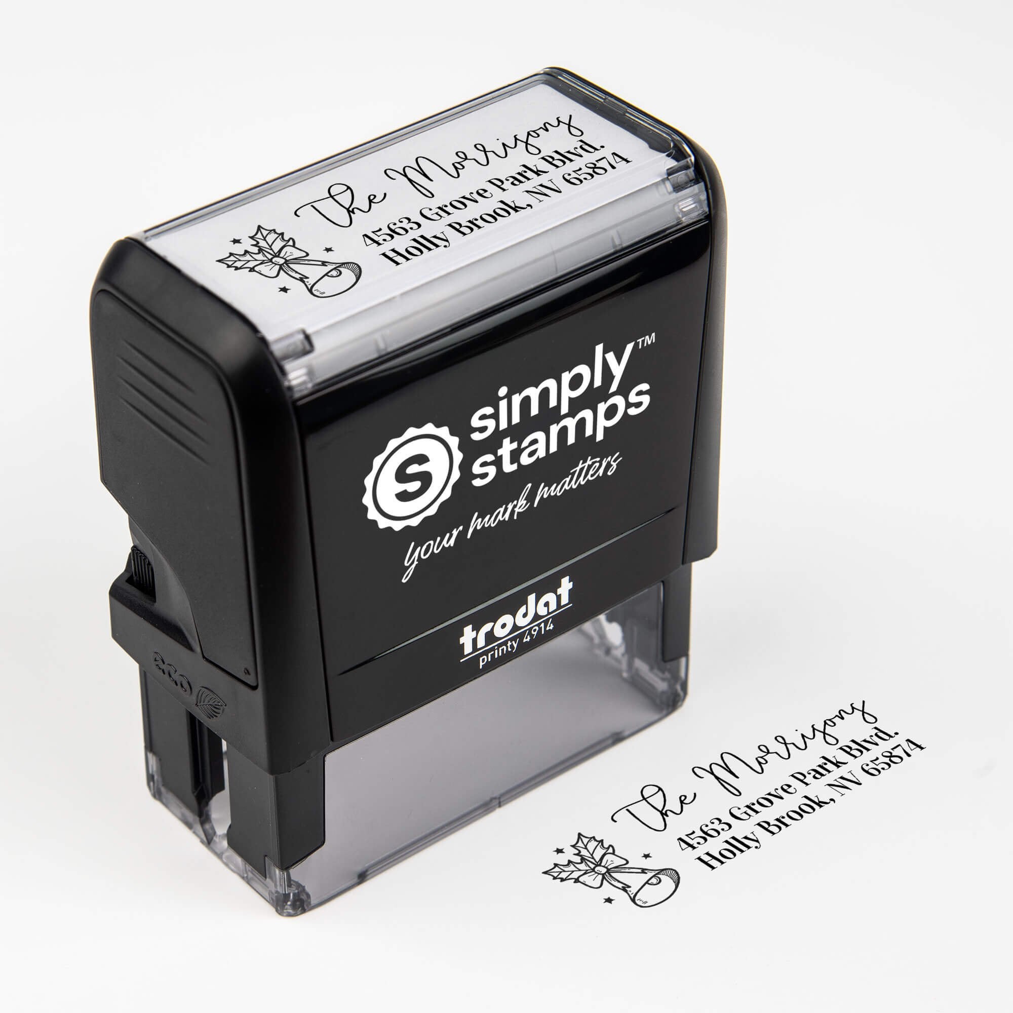 Self Inking custom address stamp featuring festive bell and holly design with personalized address impression