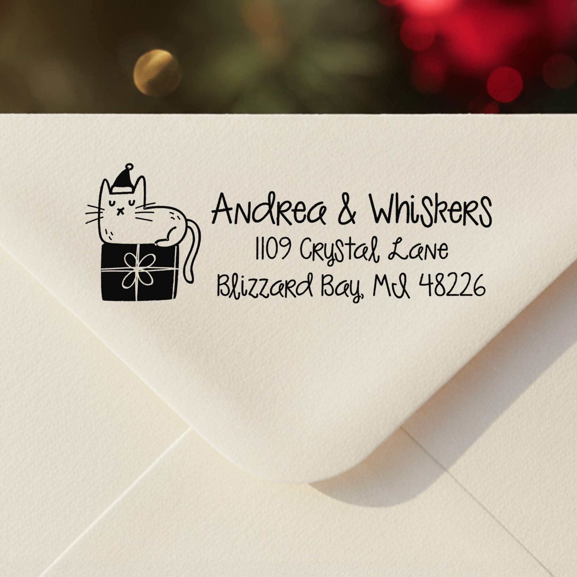 Personalized ‘Holiday Cat’ address stamp impression on envelope flap for holiday cards.