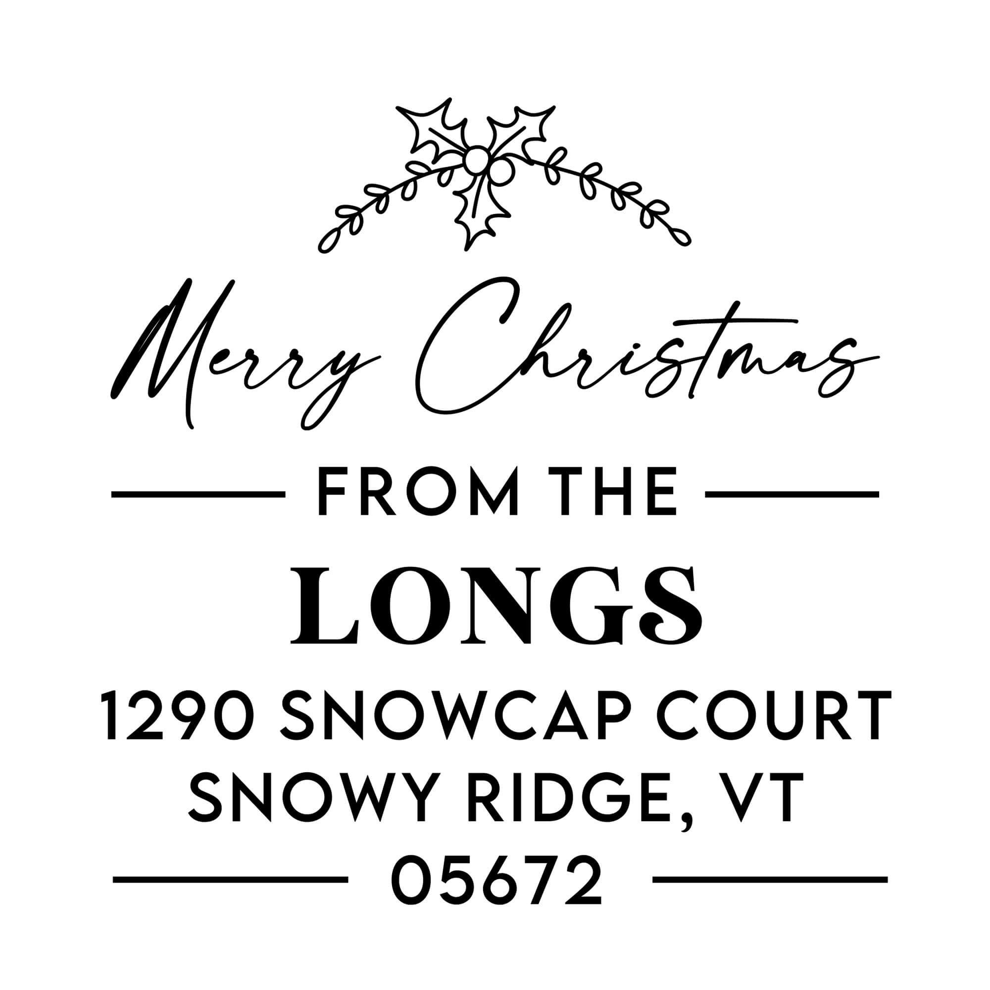Holiday address stamp design featuring ‘Merry Christmas’ with personalized family name and address.