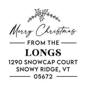 Holiday address stamp design featuring ‘Merry Christmas’ with personalized family name and address.